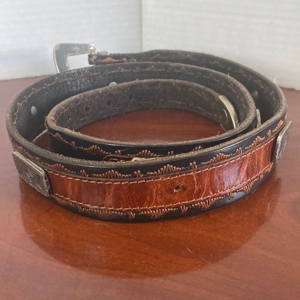 Vintage La Doppia Vita black & brown leather western studded belt Women 36 - Picture 4 of 8